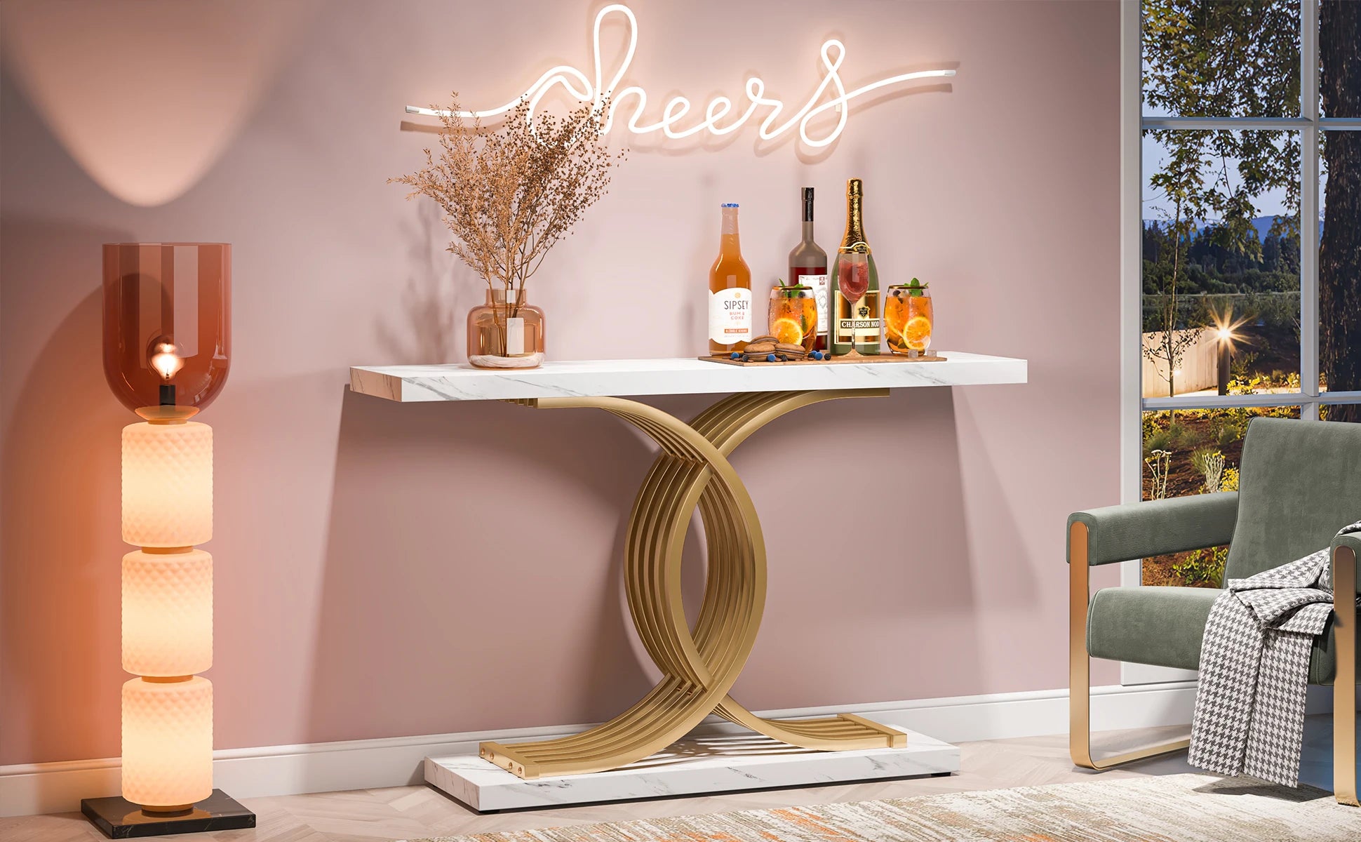 Tribesigns Gold Entryway Table, Modern 39-Inch Console Faux Marble Narrow Wood Sofa with Geometric