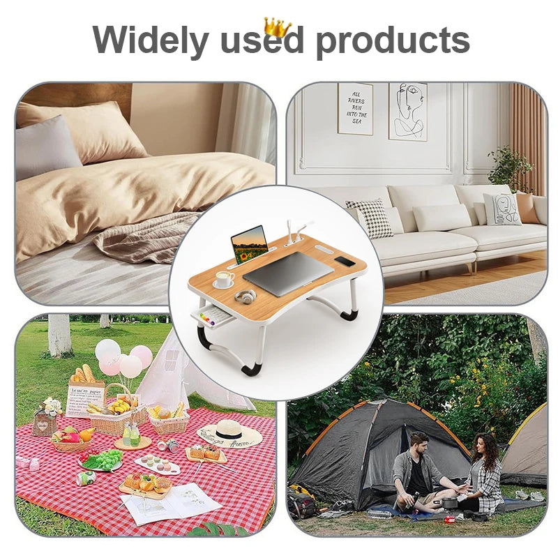 Portable Laptop Desk with USB Light, Small Fan, Cup Holder, Tablet Slot, and Lifting Handle - Foldable