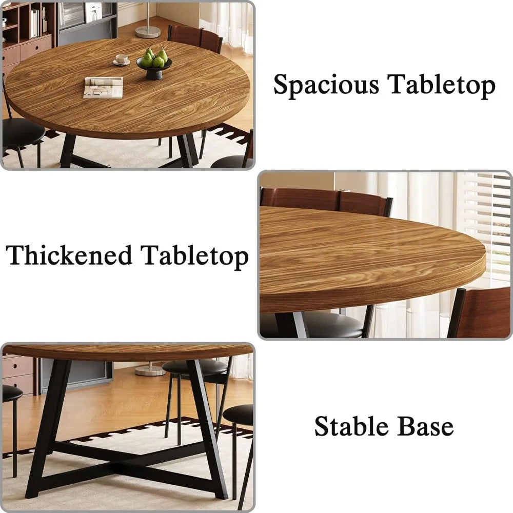 59 INCH Round Dining Table for 4-8, Wood Round Dinner Tables with Industrial Support, Kitchen Table