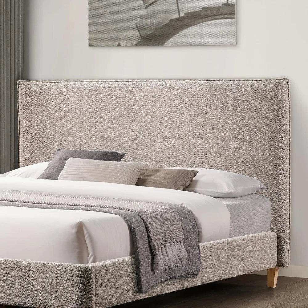 Boucle Upholstered Platform Bed Frame Queen Size with Headboard, Mattress Foundation/Strong Wooden