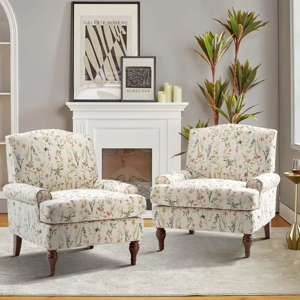 Chair with Solid Legs & Removable Cushion, Floral Comfy Upholstered Armchair, Leisure Single Sofa Chair