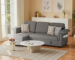 Sleeper Sofa, Pull Out Sofa Couch Bed with Storage Reversible Chaise, L-Shaped Sofas with Side Pocket