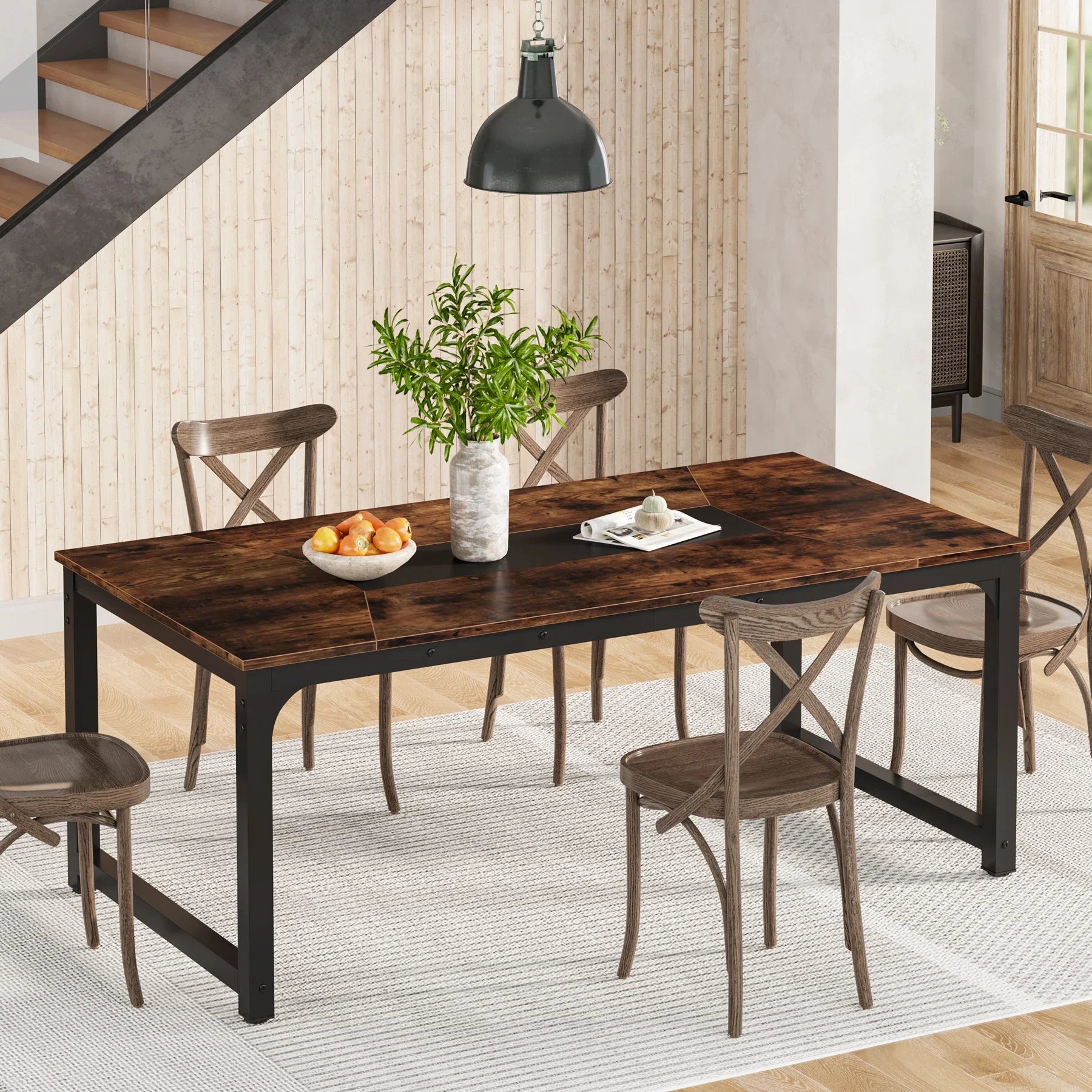 Tribesigns Kitchen Modern Industrial Dining Table for 6-8 Person with Metal Frame