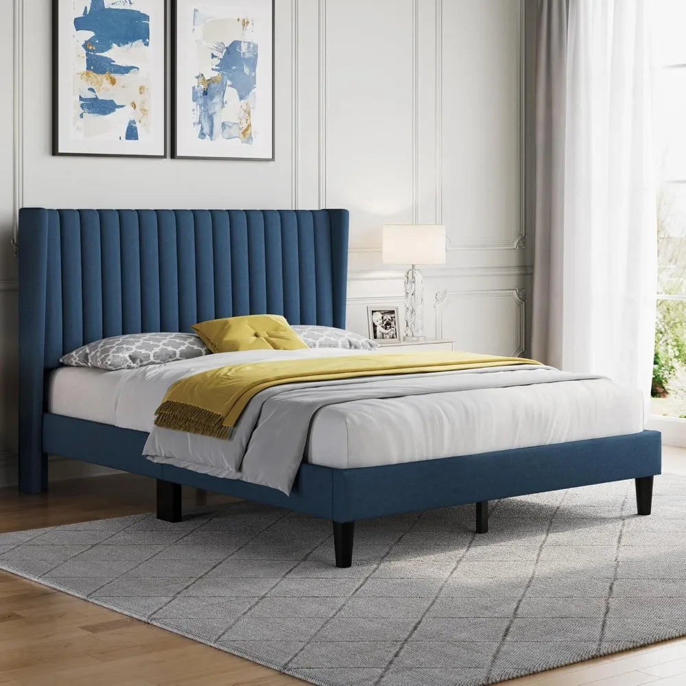 Yaheetech Queen Bed Frame Upholstered Platform Bed with Fabric Headboard, Wing Edge Design/Non-Slip