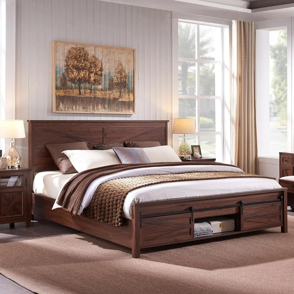 King Farmhouse Wood Bed Frame with Sliding Barn Door Storage Cabinets, Solid Wood Slats Support