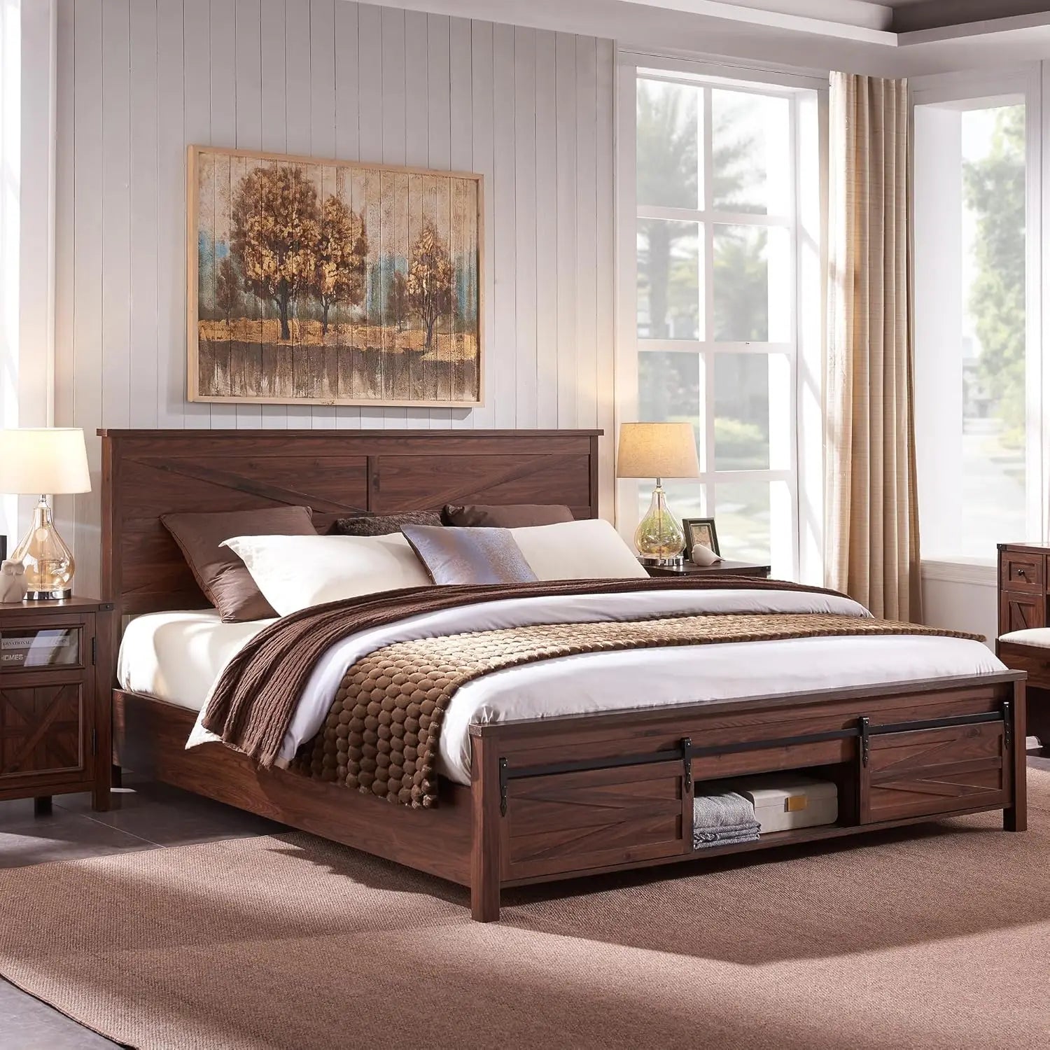 King Farmhouse Wood Bed Frame with Sliding Barn Door Storage Cabinets, Solid Wood Slats Support