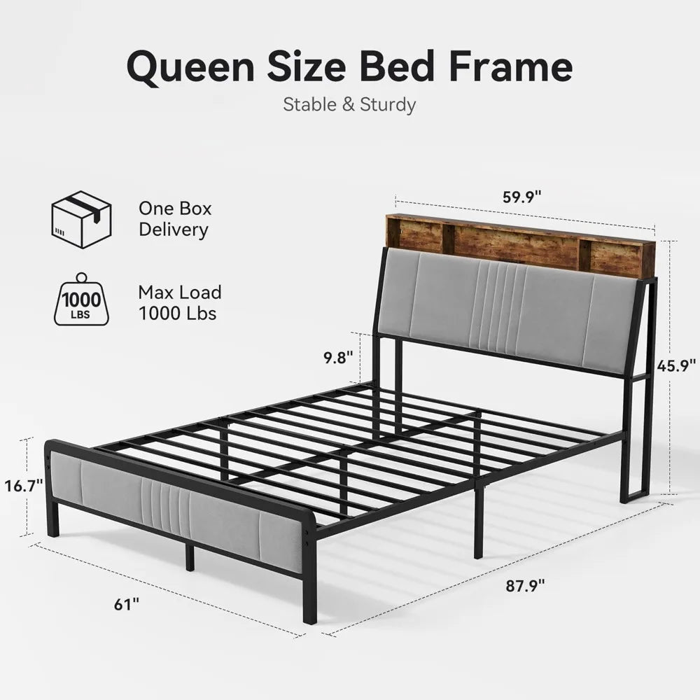 Queen Size Bed Frame with Storage Headboard and Charging Station, Ergonomic Platform Bed Frame