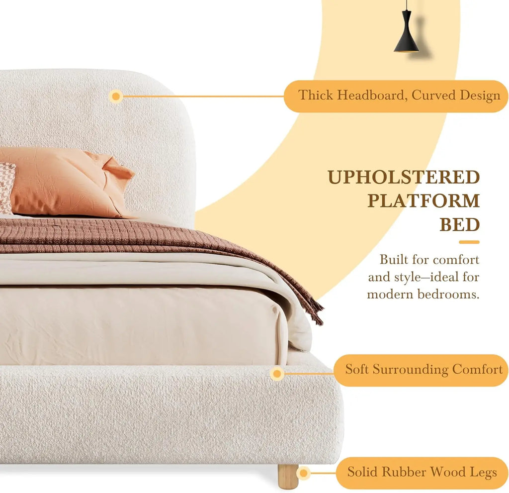 King Size Teddy Fleece Thick Fabric Upholstered Platform Bed with Curved Shaped Headboard, Wood Bed Frame