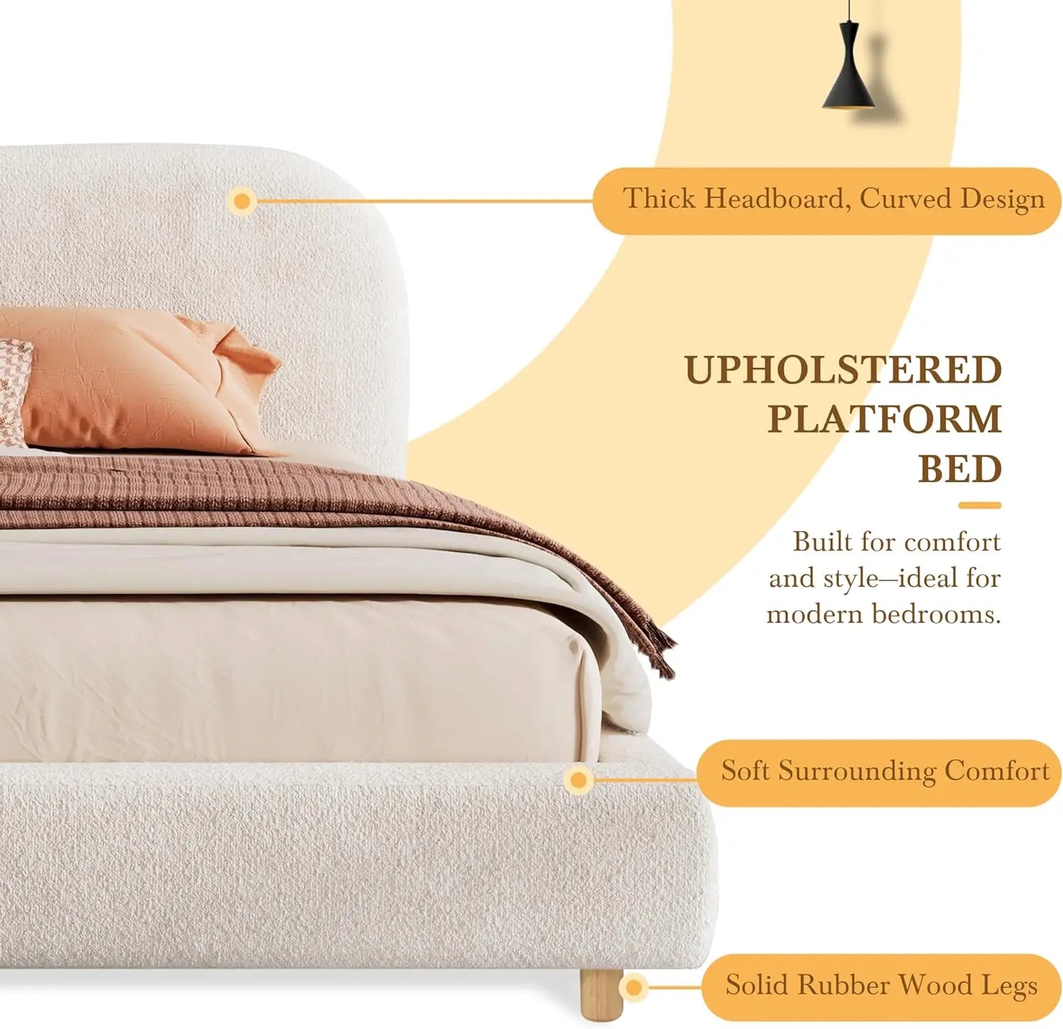 King Size Teddy Fleece Thick Fabric Upholstered Platform Bed with Curved Shaped Headboard, Wood Bed Frame