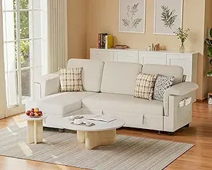 Sleeper Sofa, Pull Out Sofa Couch Bed with Storage Reversible Chaise, L-Shaped Sofas with Side Pocket