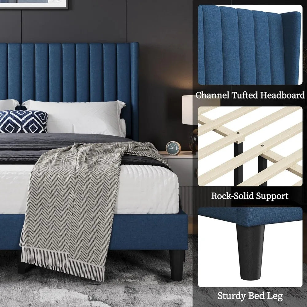 Yaheetech Queen Bed Frame Upholstered Platform Bed with Fabric Headboard, Wing Edge Design/Non-Slip