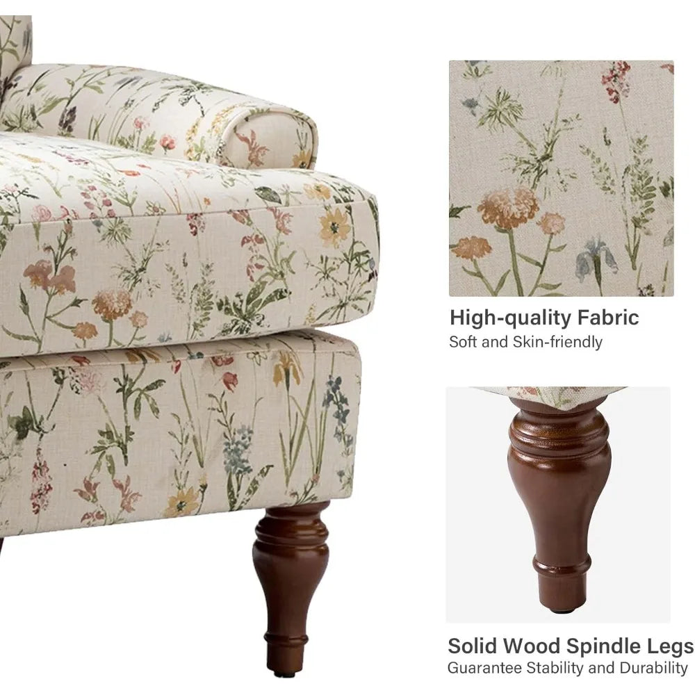 Chair with Solid Legs & Removable Cushion, Floral Comfy Upholstered Armchair, Leisure Single Sofa Chair