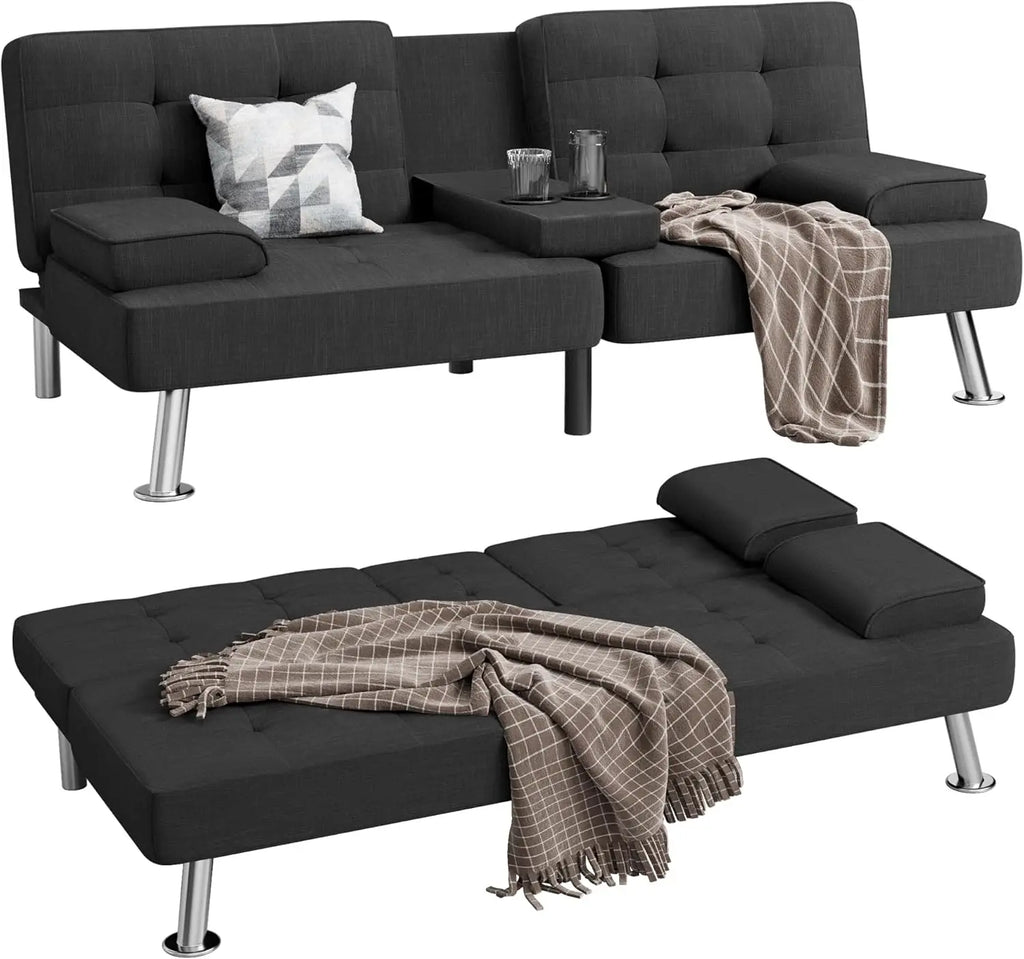 Modern Linen Upholstered Convertible Folding Futon Sofa Bed with Removable Armrests, Metal Legs