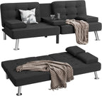 Modern Linen Upholstered Convertible Folding Futon Sofa Bed with Removable Armrests, Metal Legs
