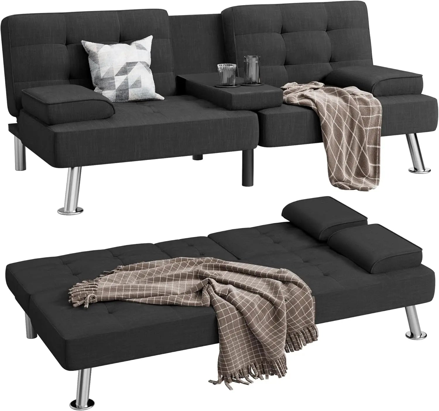Modern Linen Upholstered Convertible Folding Futon Sofa Bed with Removable Armrests, Metal Legs