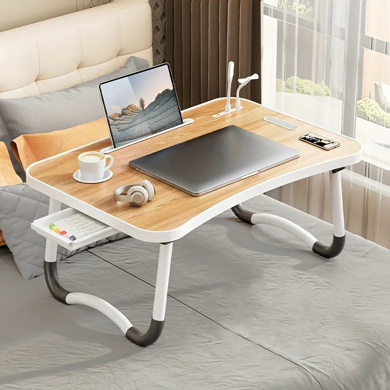 Portable Laptop Desk with USB Light, Small Fan, Cup Holder, Tablet Slot, and Lifting Handle - Foldable