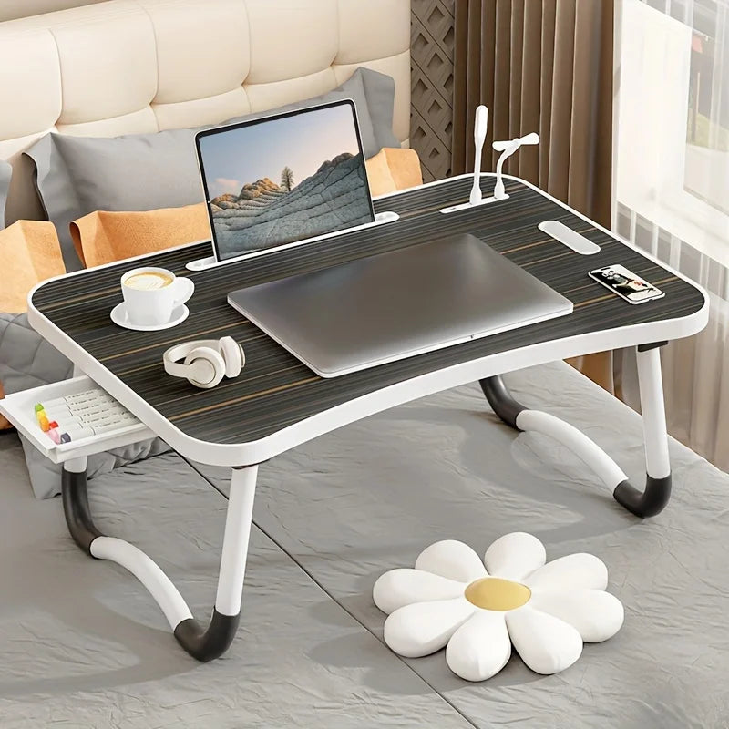 Portable Laptop Desk with USB Light, Small Fan, Cup Holder, Tablet Slot, and Lifting Handle - Foldable