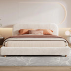King Size Teddy Fleece Thick Fabric Upholstered Platform Bed with Curved Shaped Headboard, Wood Bed Frame
