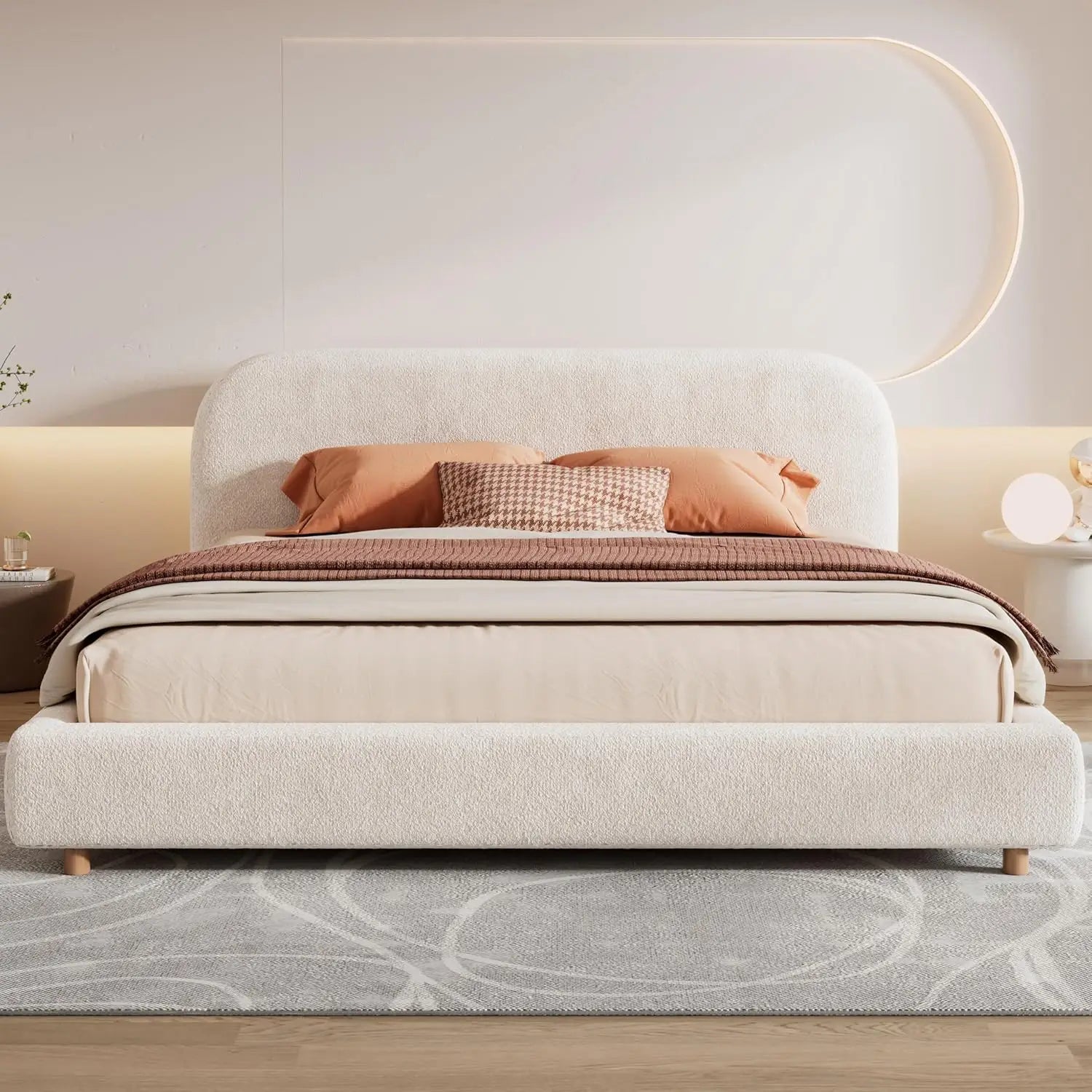 King Size Teddy Fleece Thick Fabric Upholstered Platform Bed with Curved Shaped Headboard, Wood Bed Frame