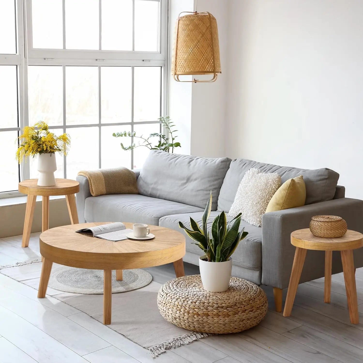 Farmhouse Round Coffee Table Set of 3, Boho Nesting Sofa & Side Tables – Natural Wood Finish