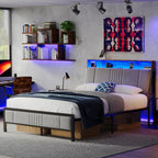 Queen Size Bed Frame with Storage Headboard and Charging Station, Ergonomic Platform Bed Frame