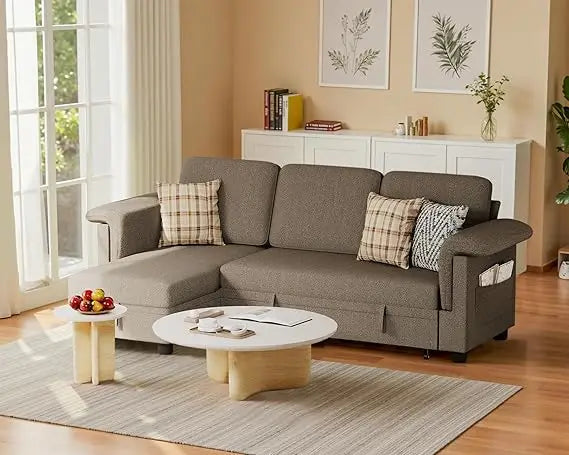 Sleeper Sofa, Pull Out Sofa Couch Bed with Storage Reversible Chaise, L-Shaped Sofas with Side Pocket
