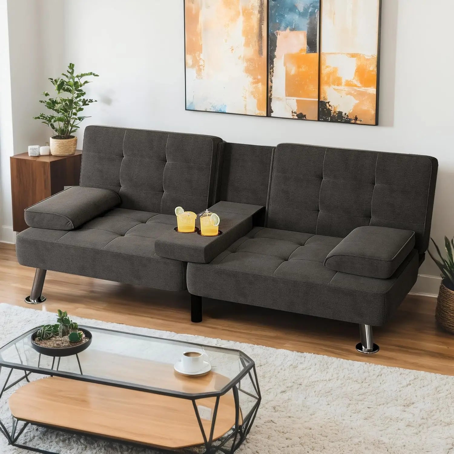 Modern Linen Upholstered Convertible Folding Futon Sofa Bed with Removable Armrests, Metal Legs