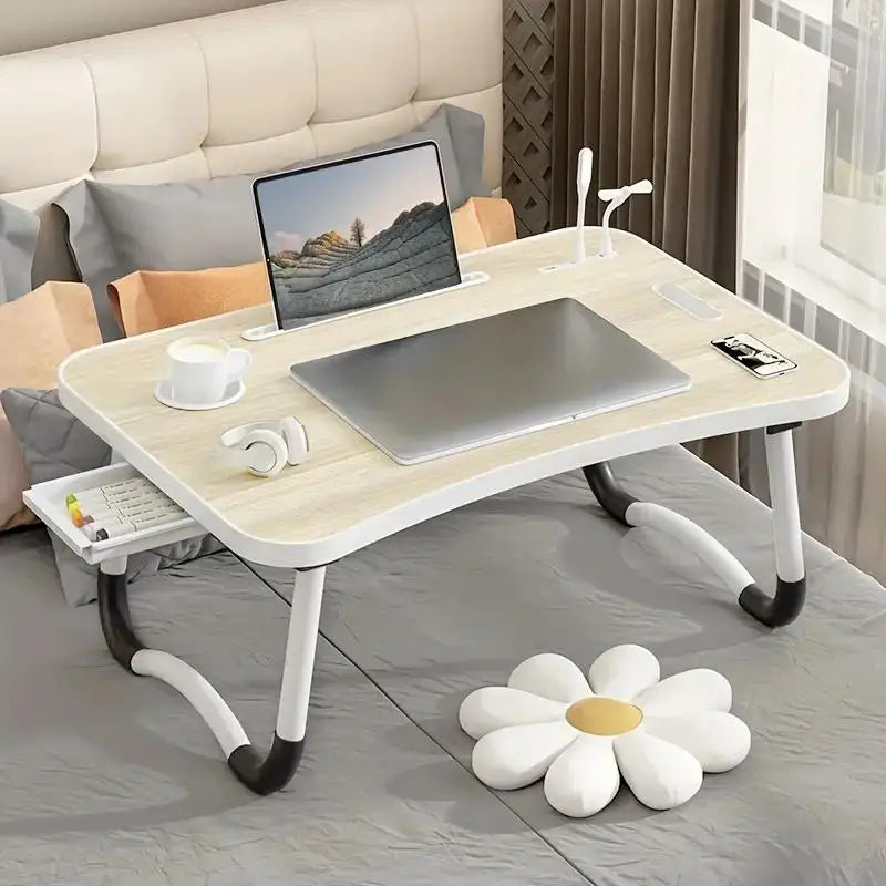 Portable Laptop Desk with USB Light, Small Fan, Cup Holder, Tablet Slot, and Lifting Handle - Foldable