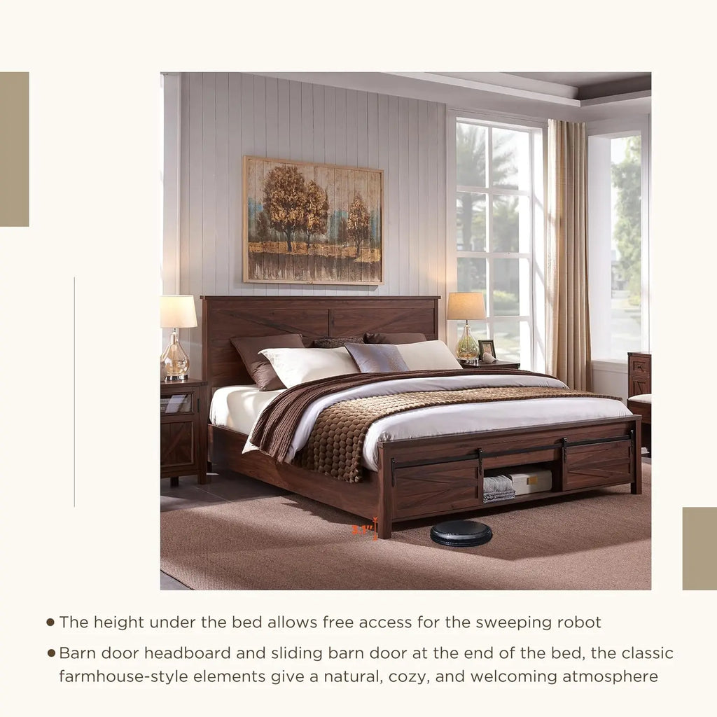 King Farmhouse Wood Bed Frame with Sliding Barn Door Storage Cabinets, Solid Wood Slats Support