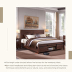 King Farmhouse Wood Bed Frame with Sliding Barn Door Storage Cabinets, Solid Wood Slats Support