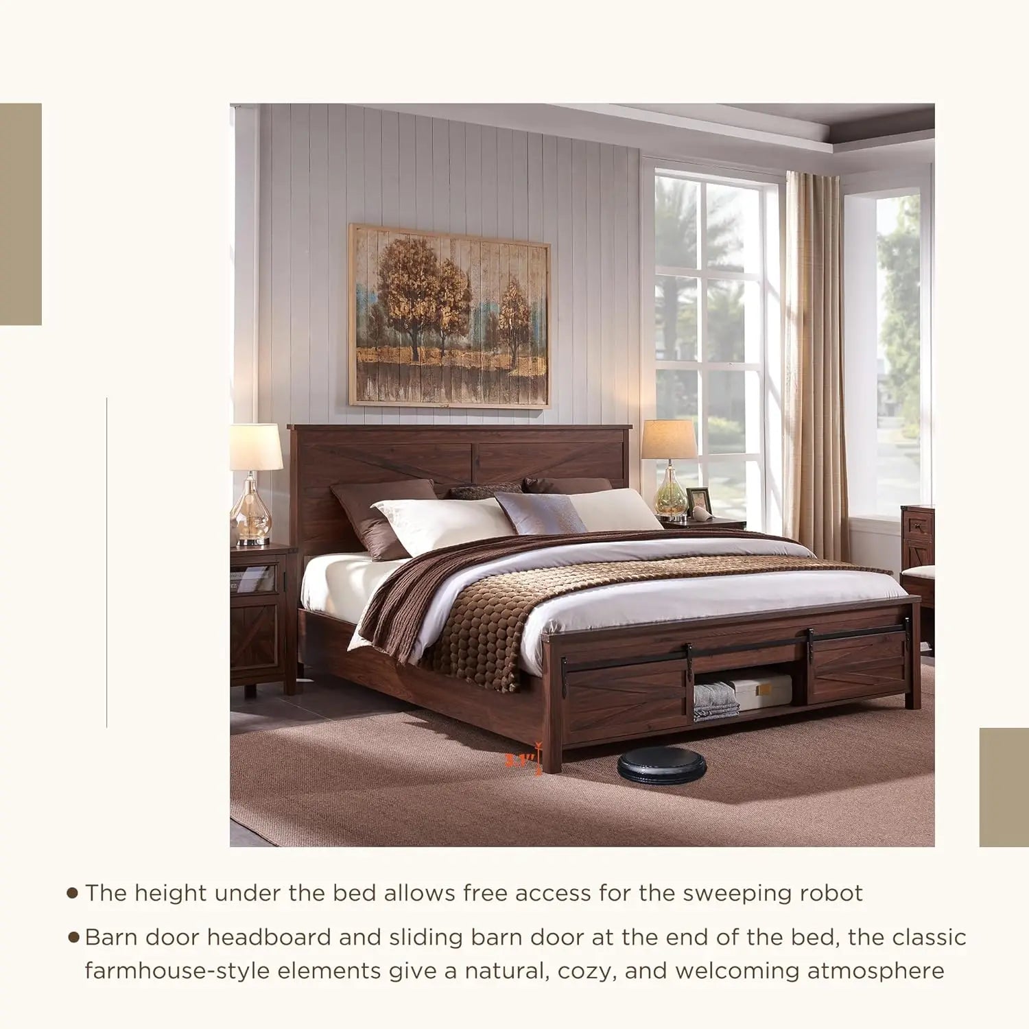King Farmhouse Wood Bed Frame with Sliding Barn Door Storage Cabinets, Solid Wood Slats Support
