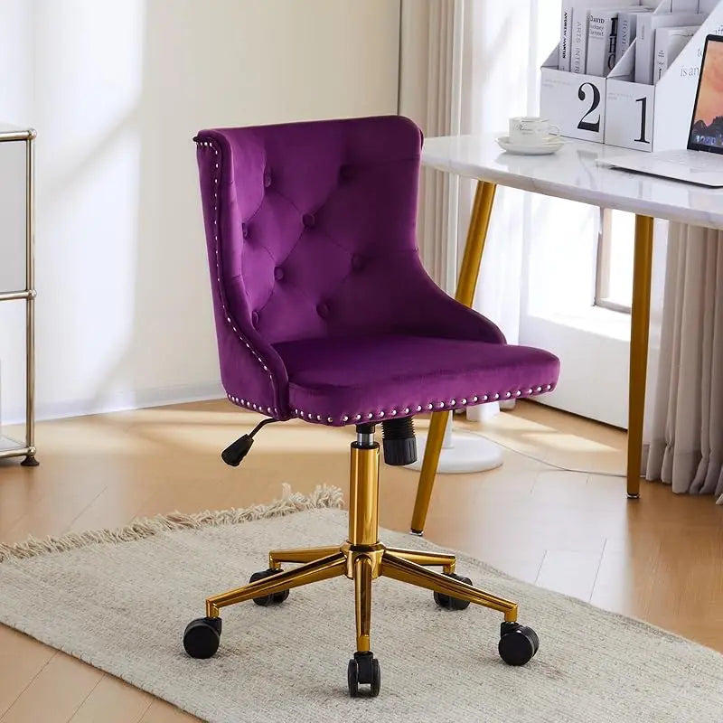 Mauve Purple Armless Home Office Desk Chair with Gold Base/Wheels, Small Cute Vanity/Makeup Chair