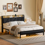 Queen Size Bed Frame with Headboard and LED Lights, Upholstered Bedframe with Charging Station