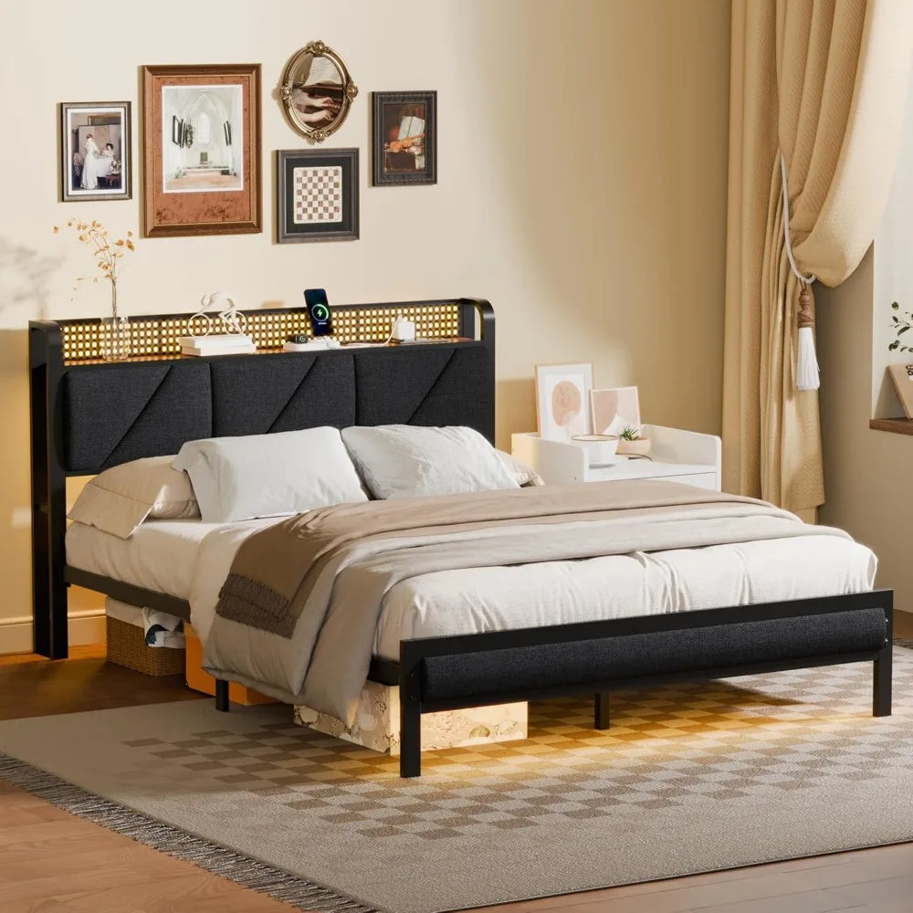 Queen Size Bed Frame with Headboard and LED Lights, Upholstered Bedframe with Charging Station