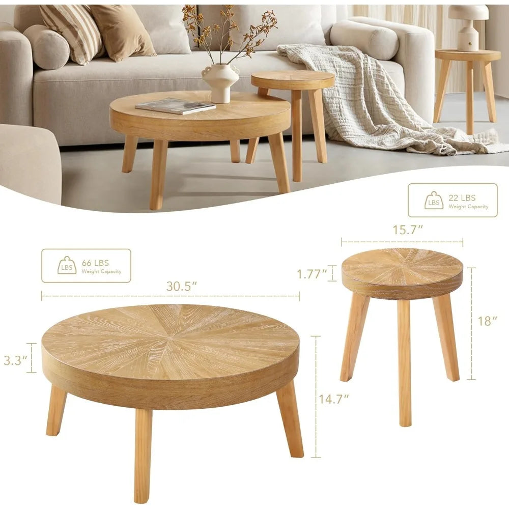 Farmhouse Round Coffee Table Set of 3, Boho Nesting Sofa & Side Tables – Natural Wood Finish