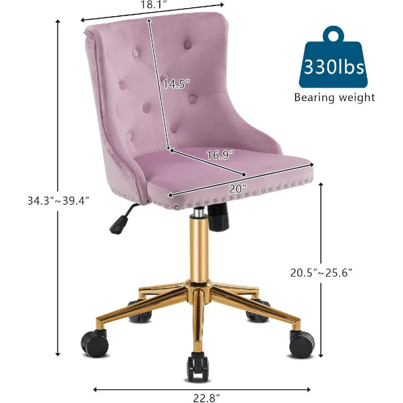 Mauve Purple Armless Home Office Desk Chair with Gold Base/Wheels, Small Cute Vanity/Makeup Chair
