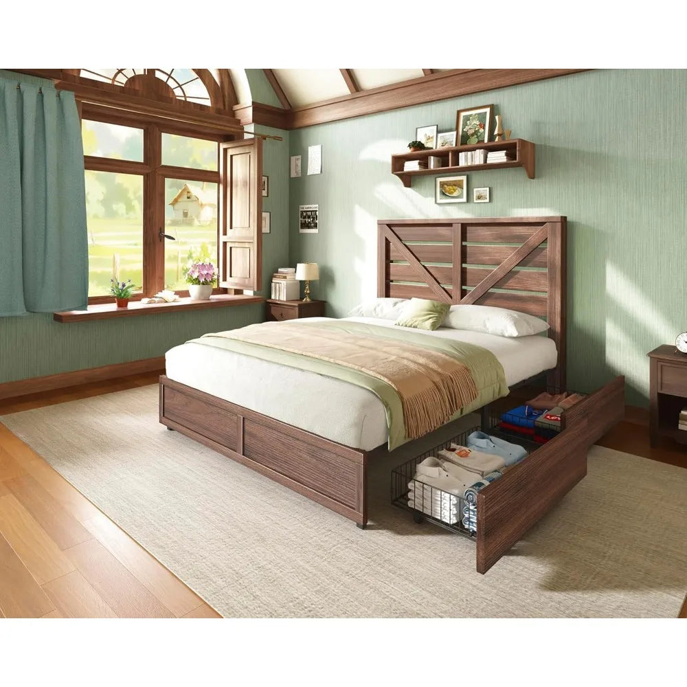 AMERLIFE Queen Size Farmhouse Bed Frame with 4 Drawers, Wooden Storage Bed Frame with Headboard