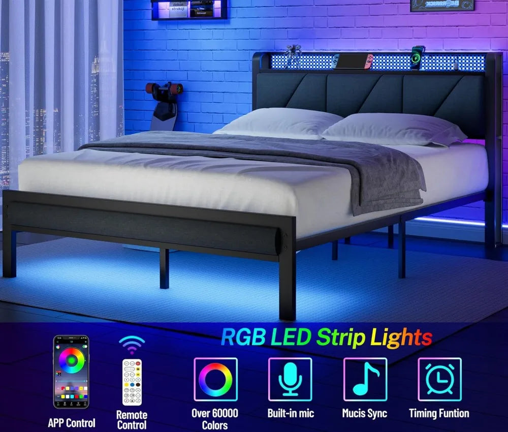 Queen Size Bed Frame with Headboard and LED Lights, Upholstered Bedframe with Charging Station