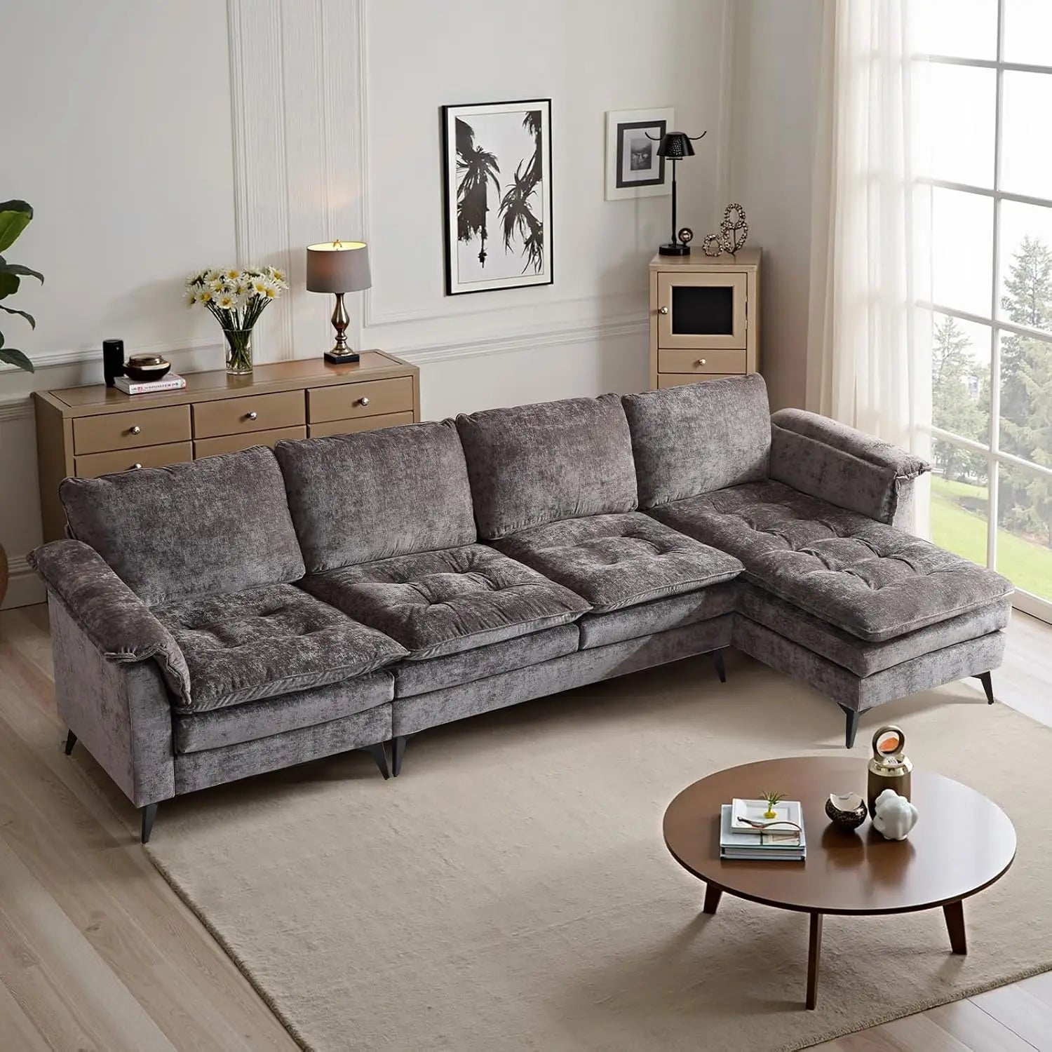 129” Oversized L-Shaped Cloud Sectional Sofa, Memory Foam Couch with Reversible Chaise Lounge