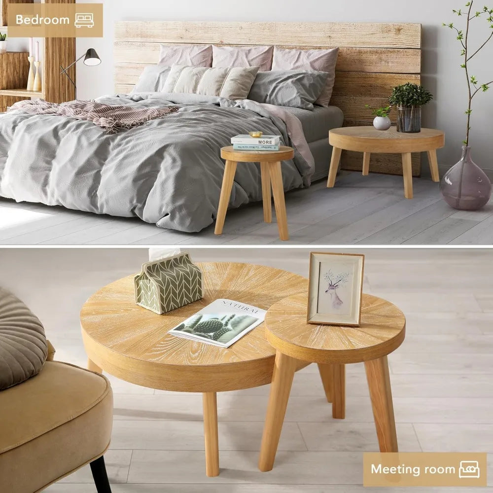 Farmhouse Round Coffee Table Set of 3, Boho Nesting Sofa & Side Tables – Natural Wood Finish