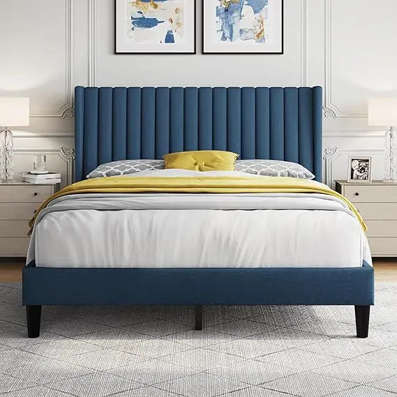 Yaheetech Queen Bed Frame Upholstered Platform Bed with Fabric Headboard, Wing Edge Design/Non-Slip