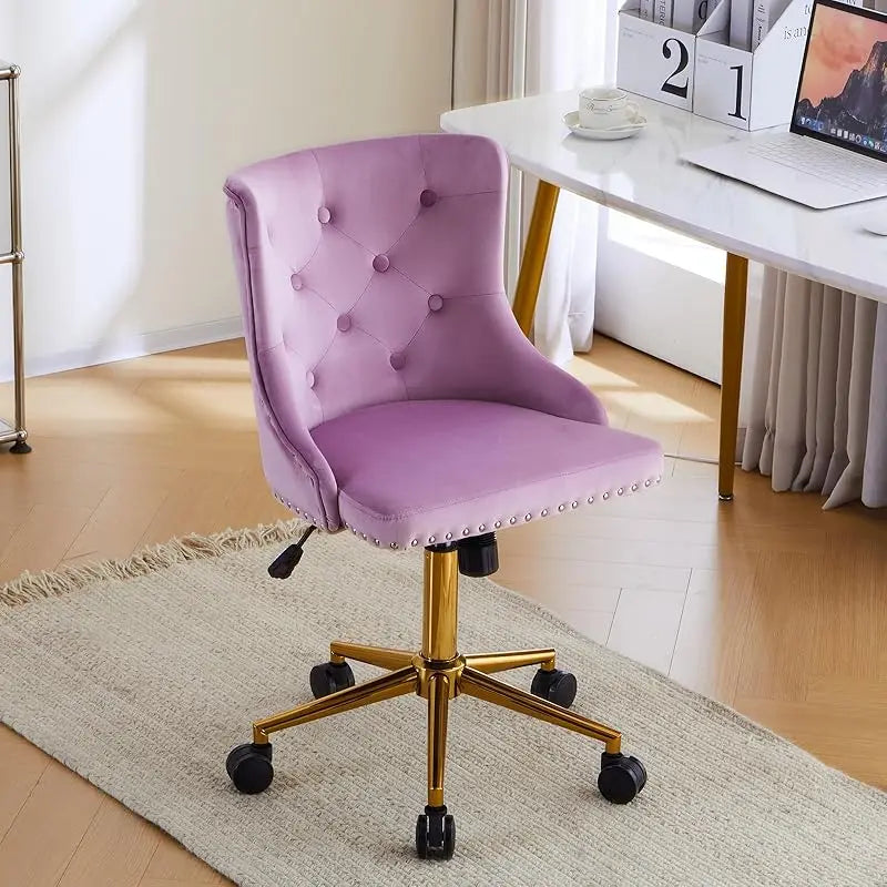Mauve Purple Armless Home Office Desk Chair with Gold Base/Wheels, Small Cute Vanity/Makeup Chair