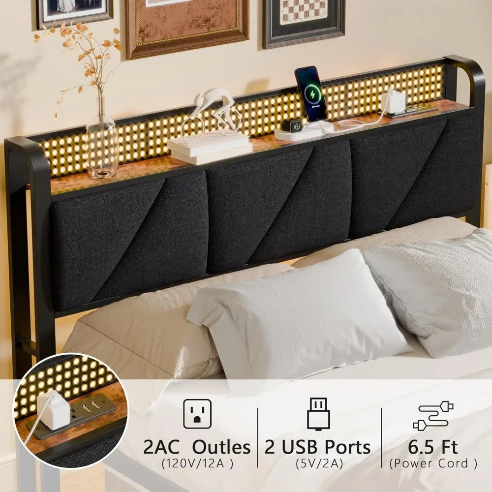 Queen Size Bed Frame with Headboard and LED Lights, Upholstered Bedframe with Charging Station