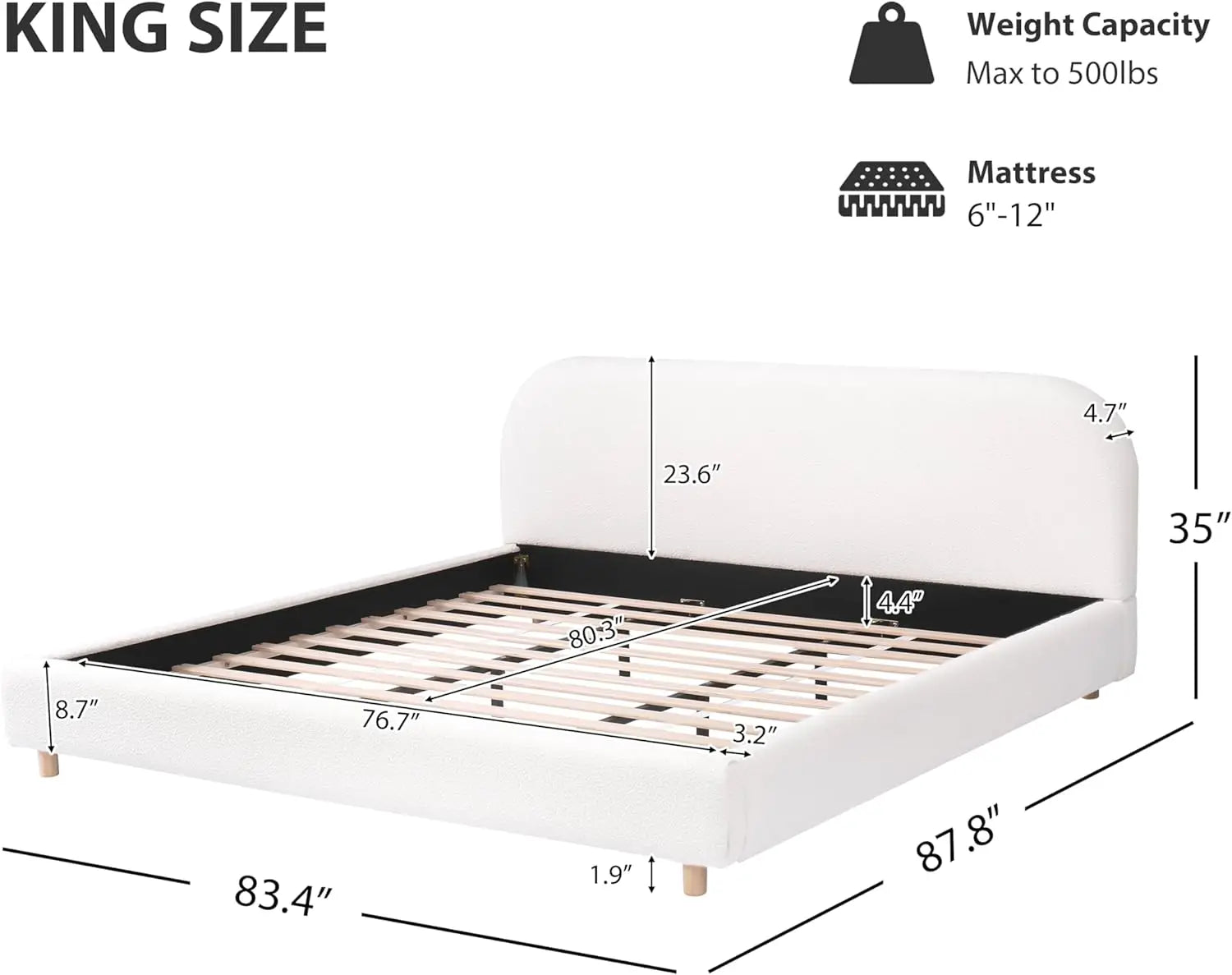 King Size Teddy Fleece Thick Fabric Upholstered Platform Bed with Curved Shaped Headboard, Wood Bed Frame