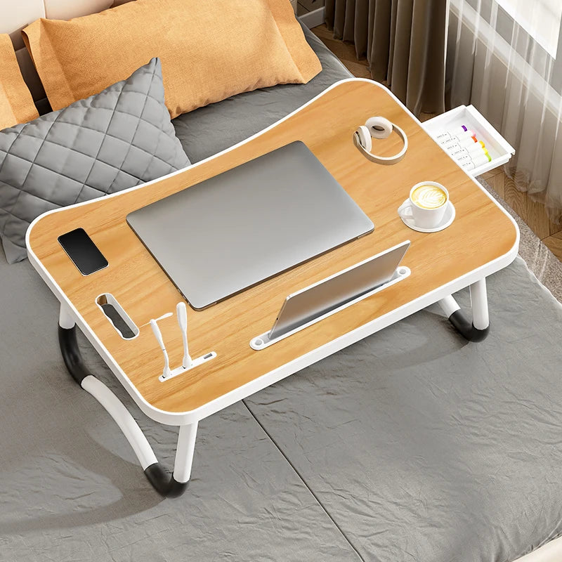 Portable Laptop Desk with USB Light, Small Fan, Cup Holder, Tablet Slot, and Lifting Handle - Foldable