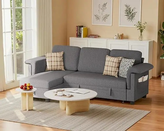 Sleeper Sofa, Pull Out Sofa Couch Bed with Storage Reversible Chaise, L-Shaped Sofas with Side Pocket