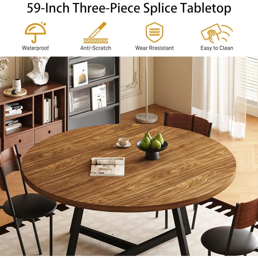 59 INCH Round Dining Table for 4-8, Wood Round Dinner Tables with Industrial Support, Kitchen Table