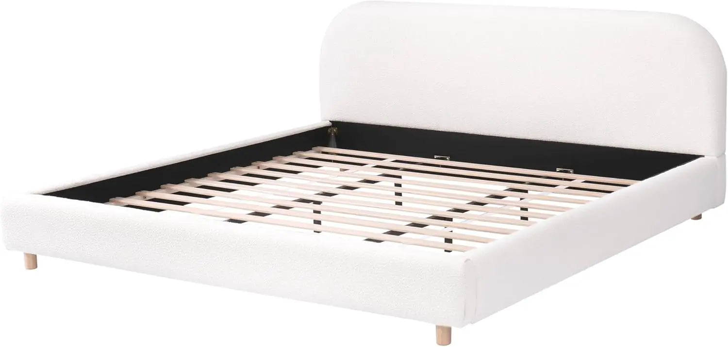 King Size Teddy Fleece Thick Fabric Upholstered Platform Bed with Curved Shaped Headboard, Wood Bed Frame