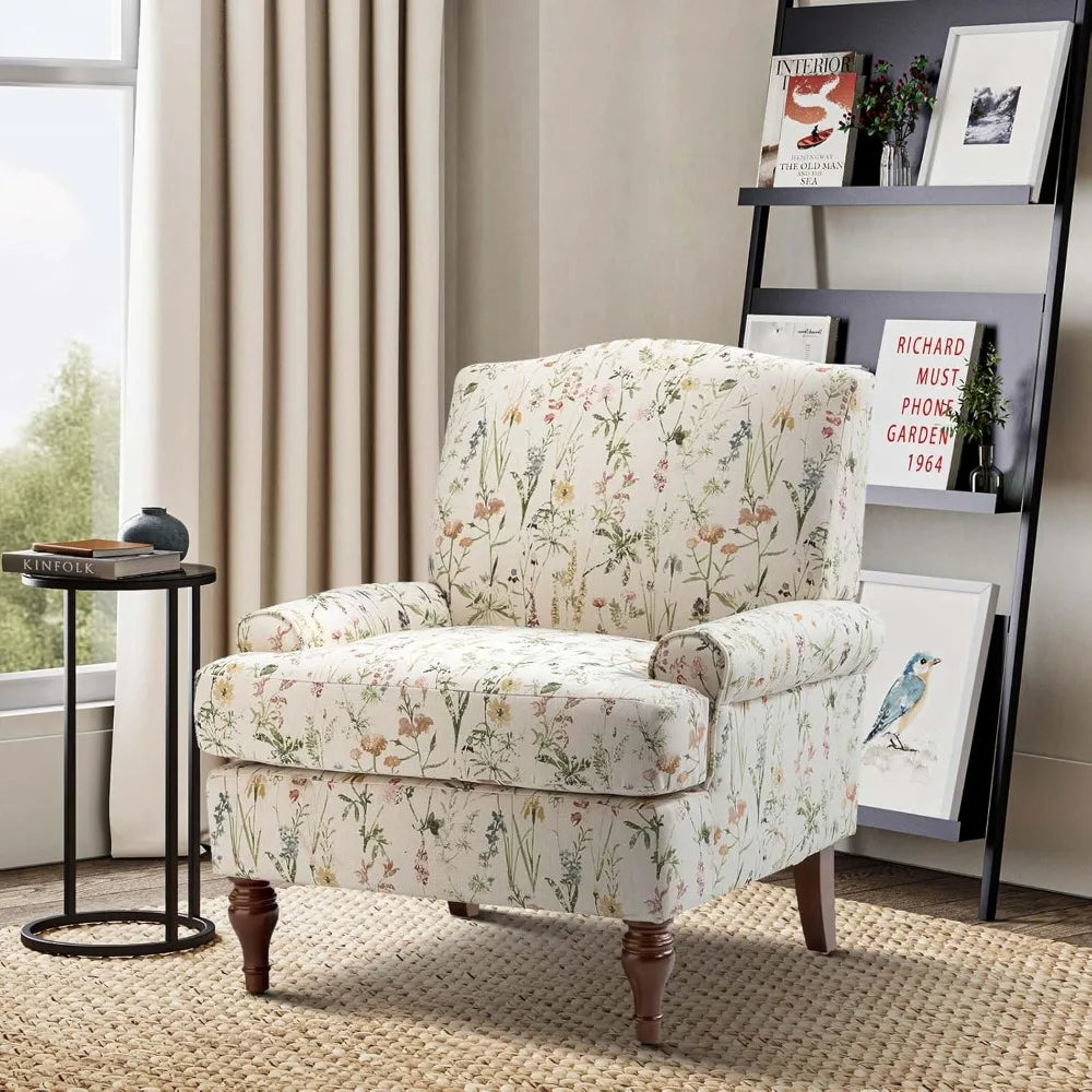 Chair with Solid Legs & Removable Cushion, Floral Comfy Upholstered Armchair, Leisure Single Sofa Chair