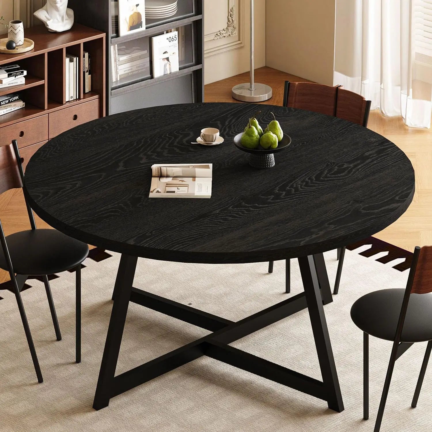 59 INCH Round Dining Table for 4-8, Wood Round Dinner Tables with Industrial Support, Kitchen Table